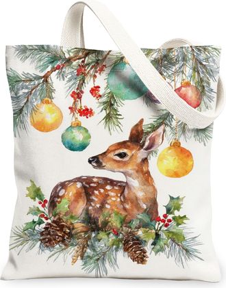 Generic Winter Deer Canvas Tote Bags, Rustic Animal Pattern Reusable Grocery Bags, Holiday Vintage Lightweight Washable Shoulder St, White, 13x15 Inch