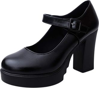Generic Buckle Thick Platform Work Ankle Shoes Heels High Women Pumps Casual Strap Heel Women High Heels, black, One Size