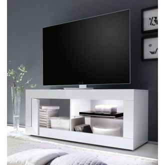 Dmora Mueble Para Tv Gambara, 2 Estantes, Apertura Con Manija, 4 Compartimentos, 140x43x56h Cm, Blanco Brillante