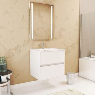Aurlane Aurlane - Pack Mueble De Ba&ntilde;o 60 Cm Blanco Lacado 2 Cajones, Lavabo, Espejo 60x80 Y Doble Led