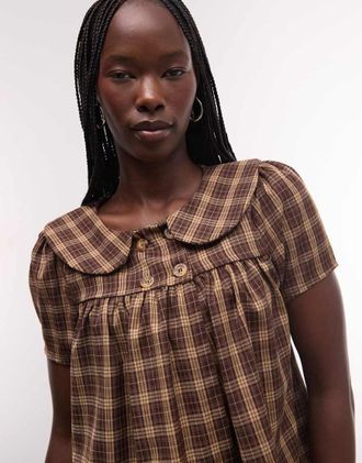 Reclaimed Vintage blusa a quadri marroni con colletto Peter Pan-Multicolore