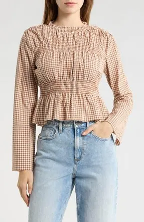 Elodie Gingham Long Sleeve Peplum Top in Brown at Nordstrom Rack, Size X-Large