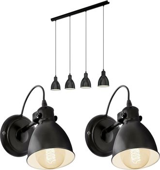 Loops Quad Ceiling Light & 2x Matching Wall Lights Black Industrial Hanging Trendy
