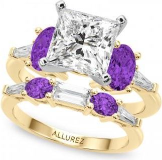 Allurez Princess Cut Lab Grown Diamond & Oval Amethyst Bridal Set 14K Yellow Gold (4.65ct)