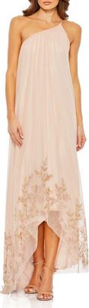 Mac Duggal Asymmetrical One Shoulder Beaded Hem Mesh Gown in Rose at Nordstrom, Size 12