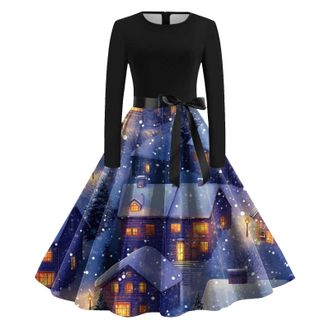 Generic Womens Christmas Party Dress Snowman Swing Long Sleeve O Neck Evening Party Dress Novelty Snowflake Printed Xmas Dresses Flared Swing Mini Dresses (Bl