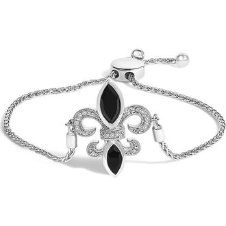 House of Brilliance Silver Marquise Black Onyx and Diamond Accent Lariat Fleur De Lis Bolo Bracelet in White at Nordstrom
