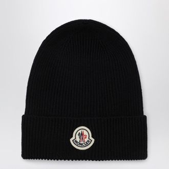 Moncler Blue wool beanie with logo patch