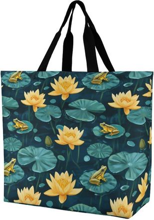 Generic Frogs with Flowers Summer Reusable Shopping Bags Large Capacity Grocery Bag Heavy Duty Tote for Women 40x40x16cm