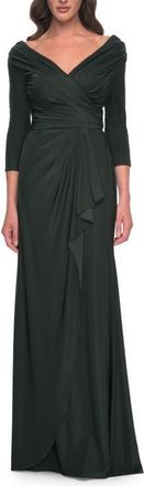 La Femme Ruched Long Dress with Ruffle Skirt Detail and Sleeves in Dark Emerald at Nordstrom, Size 12