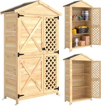 OUTSUNNY Armario De Exterior De Madera Con Techo De Asfalto 2 Puertas Ventiladas 2 Estantes Extra&iacute;bles Para Almacenaje Herramientas Natural