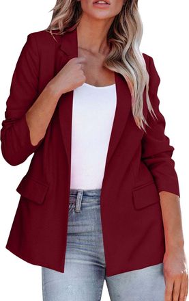 Generic Blazers for Women UK Casual Long Ruched Sleeve Suit Plain Open Jackets Office Formal Suits with Pockets Button for Ladies Notched Lapel Workwear Elega