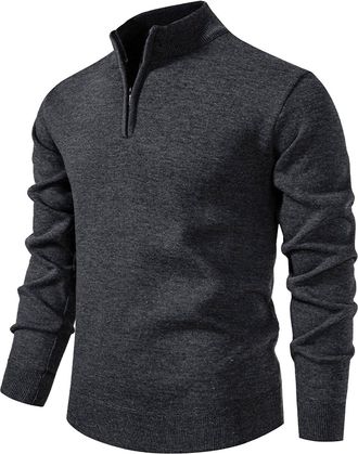 Generic Mens Quarter Zip Knitted Pullover Long Sleeve V Neck Jumpers Zipper Knitted Knitwear 1/2 Zip Warm Sweaters for Men 1/4 Zip Top Sweatshirt Loose Fit Wi