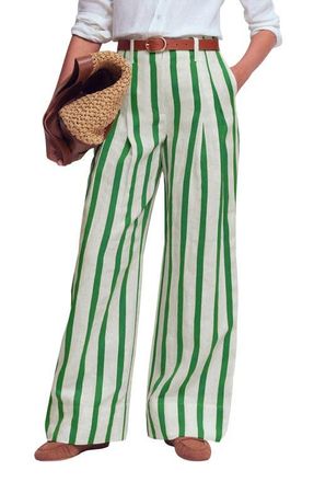 Boden Pimlico Stripe LInen & Cotton Pants in Ivory, Fresh Green Stripe at Nordstrom, Size 12