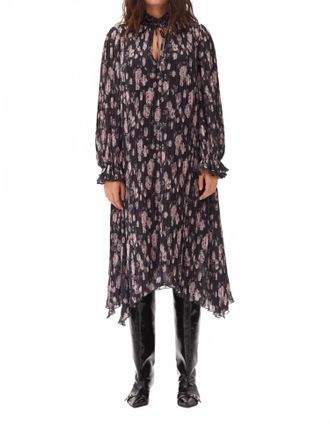 Ganni Pleated Georgette Midi Dress In Phantom