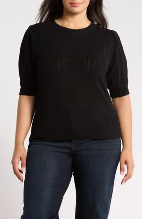 Wit & Wisdom Pointelle Elbow Sleeve Sweater in Black at Nordstrom, Size 2X
