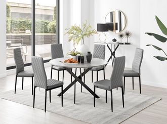 Furniturebox Novara Grey Concrete Effect Black Leg 120cm Round Dining Table & 6 Milan Black Leg Chairs