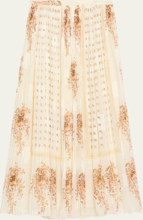 Ulla Johnson Brion Pleated Floral Silk Lace Midi Skirt