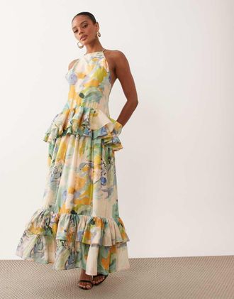 Asos Vestito lungo grembiule a doppio strato con volant blu e giallo con stampa astratta-Multi