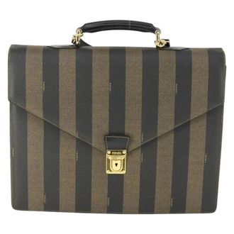 Fendi Vintage Pequin Coated Canvas Brown Canvas Briefcase Bag (Pre-Owned)
