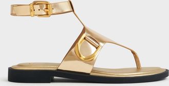 Charles & Keith Gabine Metallic Leather Ankle-Strap Thong Sandals