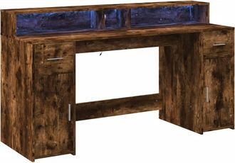Berkfield Home Soft Desk with LED Lights Smoked Oak 160x55x91 cm Engineered Wood in Brown | Size: 160 x 55 x 91 cm