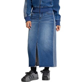 adidas Originals 3-Stripes Denim Midi Skirt in Medium Vintage Denim at Nordstrom, Size 16