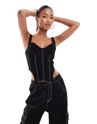 Aria Cove denim contrast stitch corset top in black - part of a set