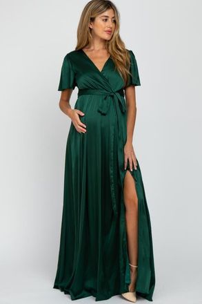 Pinkblush Side Slit Satin Maxi Dress in Forest Green at Nordstrom, Size Medium