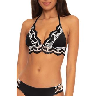BECCA by Rebecca Virtue Delilah Crochet Trim Halter Bikini Top in Black at Nordstrom, Size X-Small