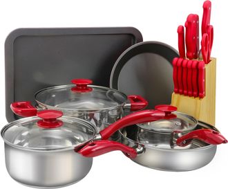 MegaChef 22 Piece Aluminum Cookware Combo Set in Red