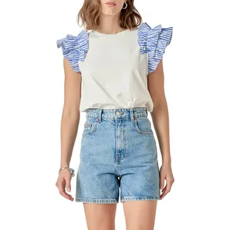 English Factory Mix Media Ruffle T-Shirt in White/Blue Stripe at Nordstrom Rack, Size Small