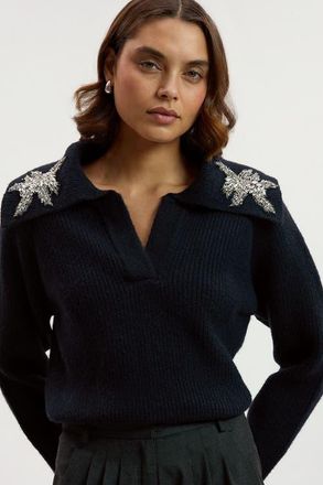 Karen Millen Embellished Collar V Neck Knit Sweater in Navy at Nordstrom, Size X-Small