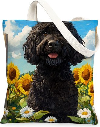Generic Spring Portuguese Water Dog Canvas Tote Bag for Shopping 13x15, Sunflower Fence Puppy Reusable Grocery Print Bag for Women, Farmhouse Pet Beach Aesthe