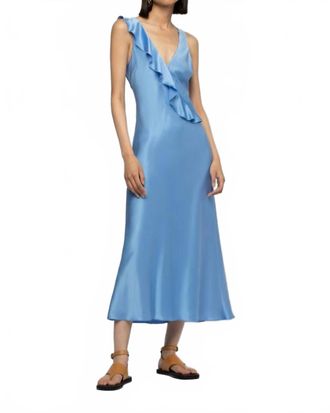 Max & Moi Rarthemis Long Midi Silk Dress With Ruffles In Denim