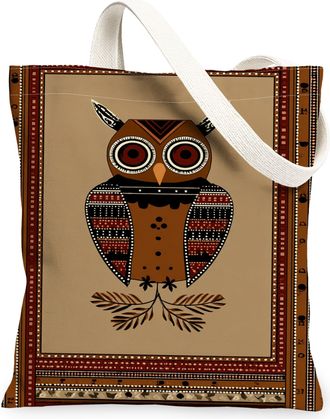Generic Bohemian Owl Canvas Tote Bags, Vintage Animal Design Reusable Grocery Bags, Lightweight Washable Shoulder Strap Canvas for, Brown, 13x15 Inch