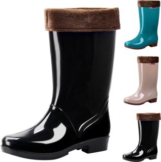 Generic Womens Knee High Rain Boots Waterproof Garden Shoes Boots with Plush Lined Winter Warm Anti-Slipping Rainboots Ladies Comfort Lightweight Design Easy 