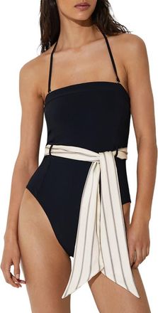 Reiss Etienne Belted Bandeau One-Piece Swimsuit in Black Print at Nordstrom, Size 10