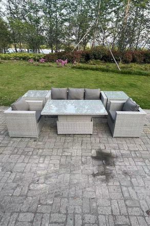 Fimous Rattan Garden Funiture Set Adjustable Rising Lifting Table Sofa Dining Set With 2 Side Table in Light Grey