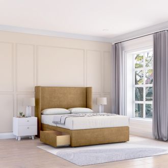 Sloomy Devonshire Plush Wingback Bed Set, 2 Drawers & 54 Floor Standing Headboard in Light Brown | Size: Small Double