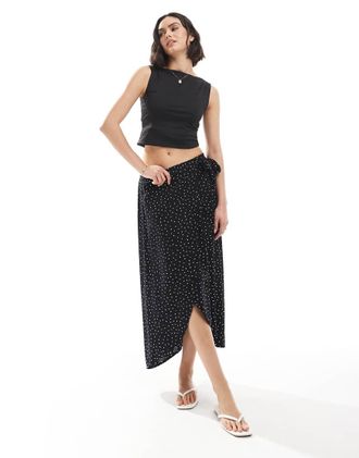 Pieces wrap midi skirt in black spot print