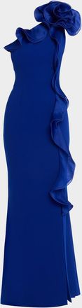 Teri Jon One-Shoulder Ruffle Column Gown