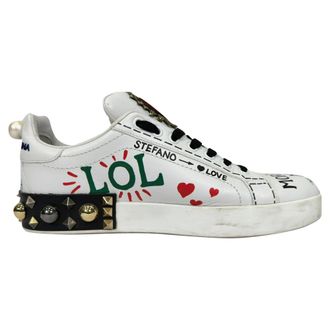 Dolce & Gabbana Pre-owned Womens & Printed Portofino Sneakers in White Leather - Size EU 38