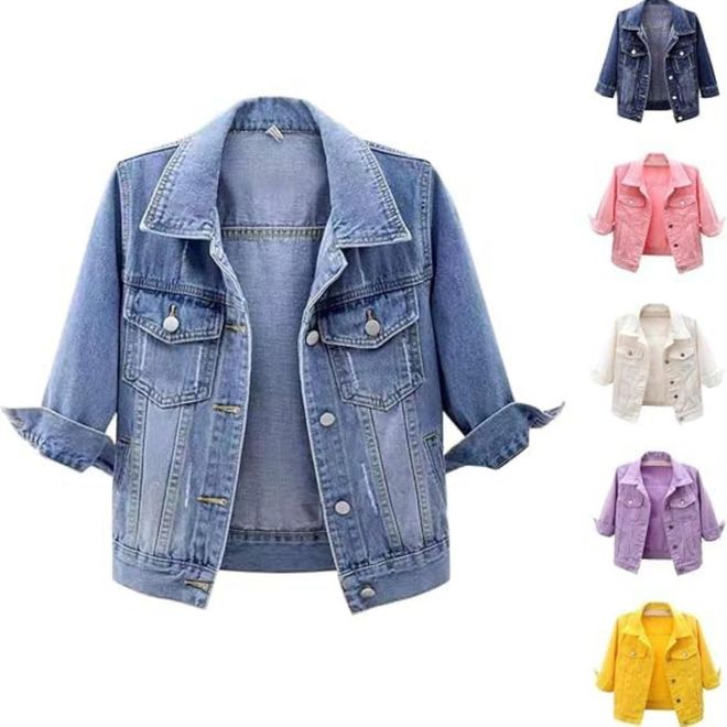 Denim Jackets for Women UK Womens Cropped Denim Jacket Casual Basic Lapel Button Down Coats Stretchy Fitted Summer Jackets for Women Short Lightweight