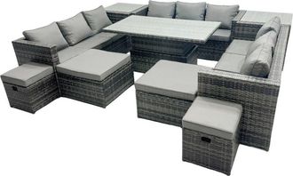 Fimous Fimous Rattan Dining Table Sofa Set with 2 Side Tables 4 Stools Outdoor 13 Seat Garden Furniture Set Dark Grey Mixed