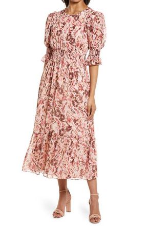 Maggy London Floral Print Smocked Maxi Dress in Soft Peach/Burgundy at Nordstrom, Size 12