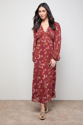 Oasis Womens Printed Pleated Bodice Detail Midi Dress - Rust - Size 18 UK