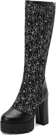 Generic Womens High Heeled Long Boots with Zipper PU Leather Knee High Boots Round Toe Platform Boot,Black,10.5 UK