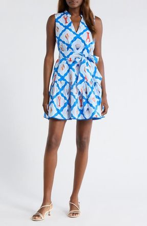 Sugarlips Lobster Bay Vilman Tie Waist Sleeveless Minidress in White Blue-Multi at Nordstrom, Size X-Large