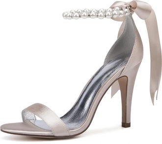 Generic Wedding Shoes Womens Satin Ankle Strap Bridal High Heelsheeled Open Toe Prom Party Dress Stiletto Sandals 10.5Cm,Champagne,3 UK